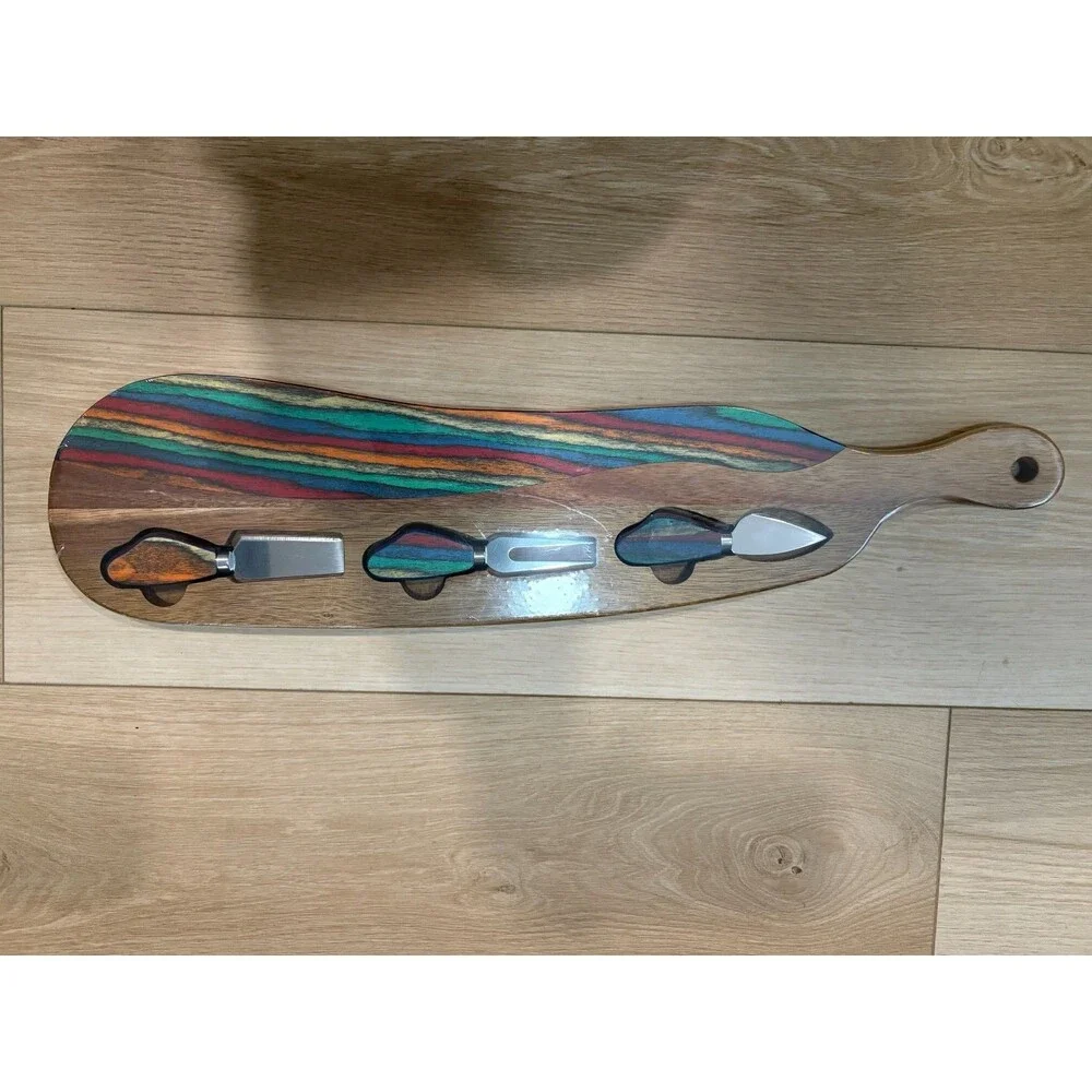 American Native Wood Cheese Board Set with Inset Multi-Color Slicer Knives